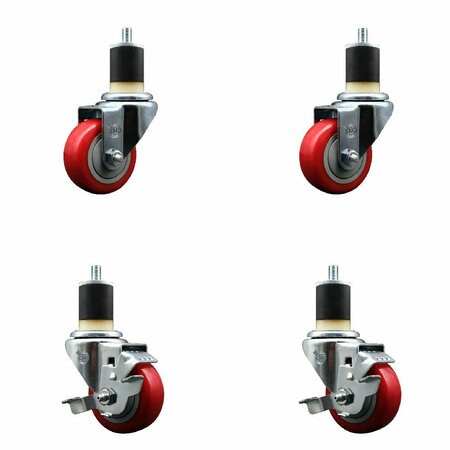 SERVICE CASTER 3'' SS Red Poly Wheel Swivel 1-7/8'' Expanding Stem Caster Set 2 Brakes, 4PK SCC-SSEX20S314-PPUB-RED-2-TLB-2-178